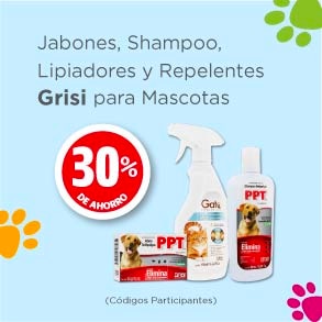 Jabones, Shampoo, limpiadores y Repelentes Grisi para mascotas 30% de ahorro